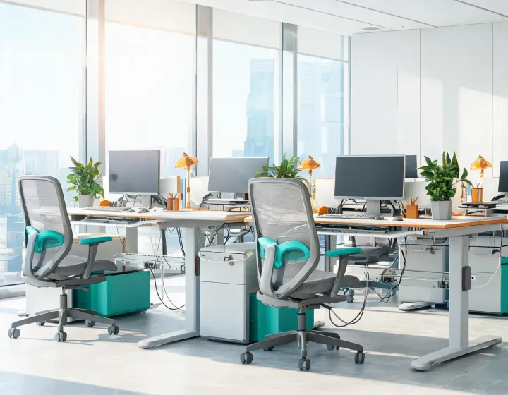 Hybrid office with adjustable desks and ergonomic chairs